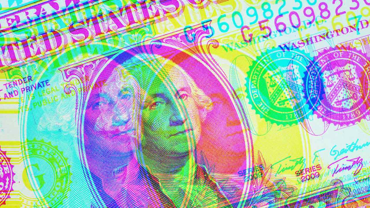 A dollar bill with a multi-colored overlay. 